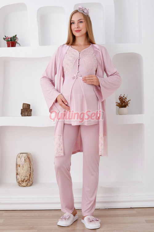 Pudra Renkli Ve Dantel Detaylı 3 Parça Uzun Kollu Ve Sabahlıklı 3422 Hamile Pijama Takımı