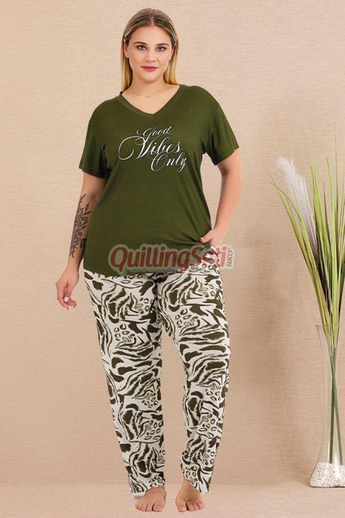 Haki Renk Ve Desenli 10999 Kısa Kollu Kadın Büyük Beden Anne Pijama Takımı