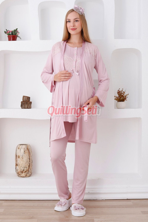 Pudra Renkli Ve Dantel Detaylı 3 Parça Uzun Kollu Ve Sabahlıklı 3423 Hamile Pijama Takımı