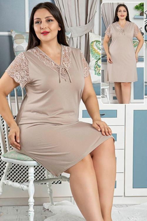 Battal Boy Tunik - Jenika 42594 Bej Renk Büyük Beden Tunik Gecelik