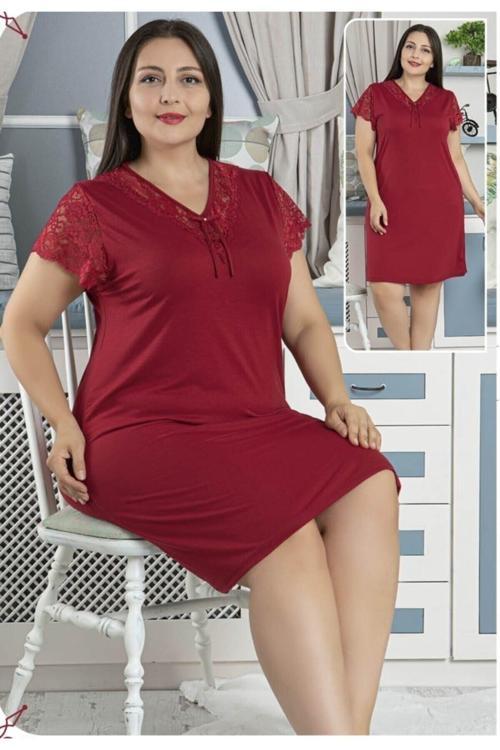Bordo Renk Kısa Kol Dantel Detaylı Jenika 42593 Büyük Beden Tunik Gecelik Elbise