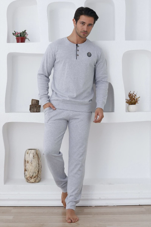 Gri Renk, Pamuk, Lastikli Kol Ve Paçalı, Uzun Kolu Erkek Pijama Takımı - 0300