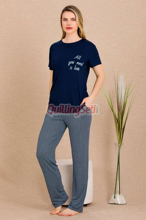 Lacivert Renkli Ve Desenli Lady 12491 Pamuklu Kadınların Tercihi Kısa Kol Pijama Takımı