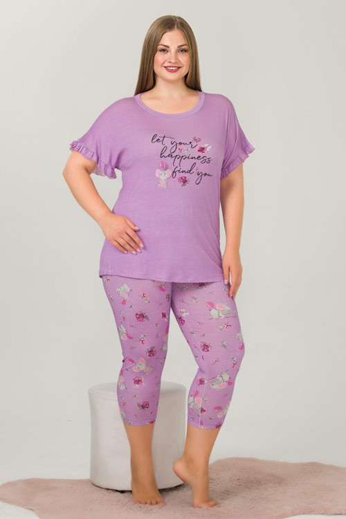 Lila Renk Ve Çiçek Desenli Lady 10643 Battal Büyük Beden Kapri Pijama Takımı