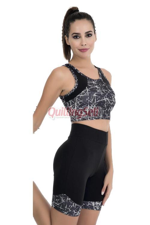 Siyah Renk Ve Beyaz Desenli Lady 4016 Kadın Kısa Tayt Büstiyer Sporcu Takım