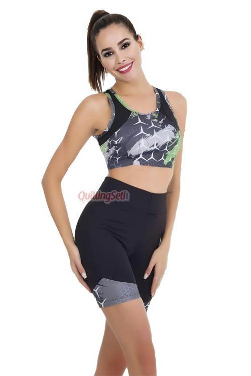 Siyah Renk Ve Yeşil Desenli Lady 4011 Kadın Kısa Tayt Büstiyer Sporcu Takım