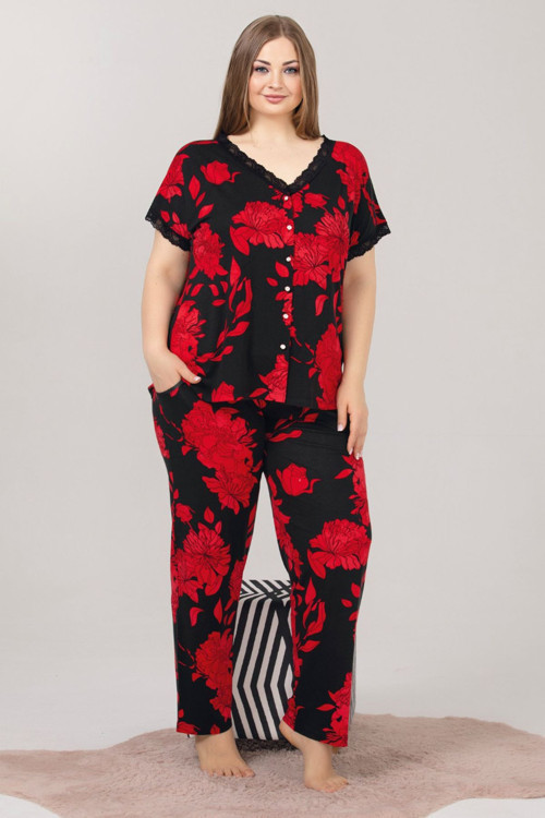 Siyah Renk Ve Çiçek Desenli Lady 10976 Kadın Kısa Kol Büyük Beden Pijama Takımı