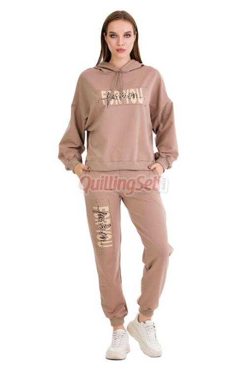 Uzun Kol Ve Kapüşonlu Lady 22077 Kadın Açık Kahverengi Renk Spor Eşofman Takımı