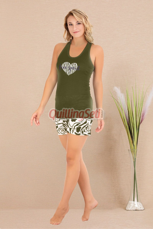 Haki Renk Ve Kalp Desenli Lady 7726 Kadın Pamuk Viskon Likralı Şortlu Pijama Takımı