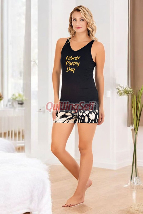 Siyah - Beyaz Renk Ve Desenli Lady 7727 Pamuk Viskon Likralı Askılı V Yakalı Şortlu Pijama Takımı