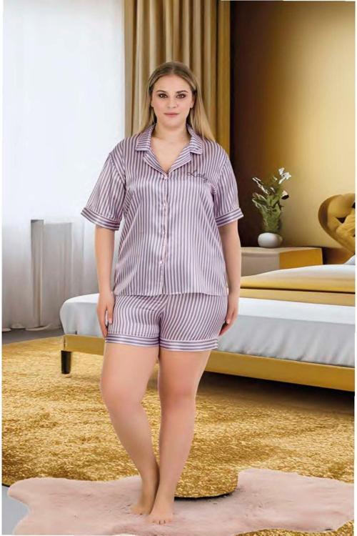 Lila Renk Çizgili Kaliteli, Şık Ve Kısa Kol, Lady 16057 Büyük Beden Şortlu Saten Pijama Takımı