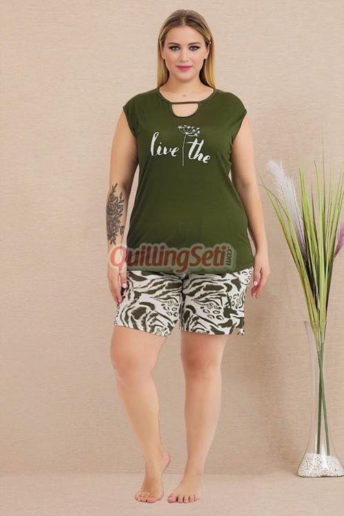Haki Renk Ve Desenli 10424 Şortlu Büyük Beden Anne Pijama Takımı