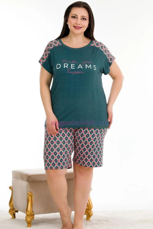 Yeşil Renk Ve Çiçek Desenli Lady 10388 Büyük Beden Şortlu Pijama Takımı