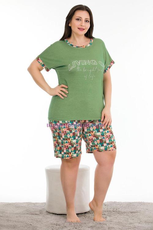 Yeşil Renk Ve Desenli Lady 10390 Büyük Beden Şortlu Pijama Takımı