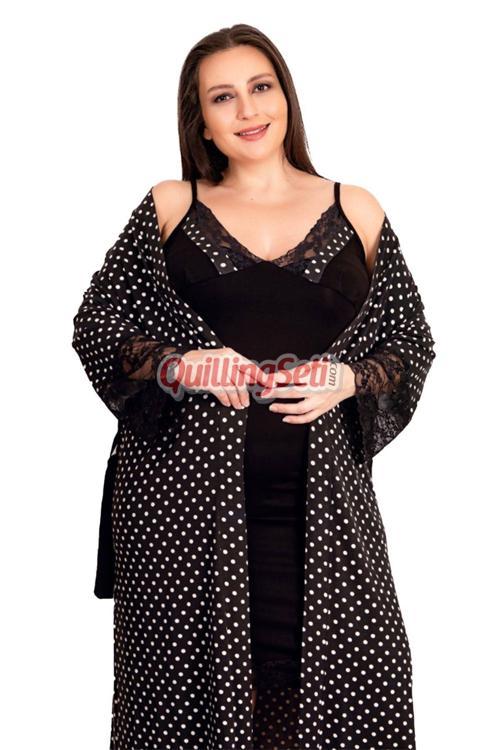 Siyah Renk Puantiye Desenli Lady 19205 Askılı Büyük Beden Sabahlıklı Gecelik Takım