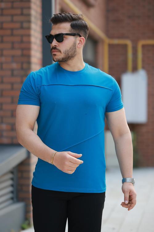 Saks Parçalı Dikiş Detaylı Regular Fit Kısa Kollu Tişört -2523