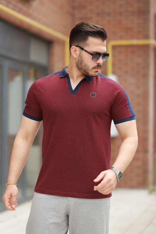 Bordo Nakışlı V Polo Yaka Kısa Kollu Tişört-2524