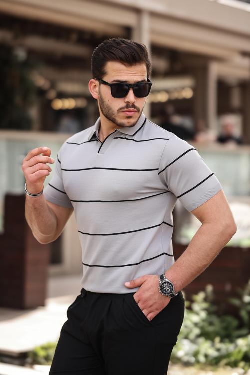 Gri Çizgili Triko Polo Yaka Tişört- 2427