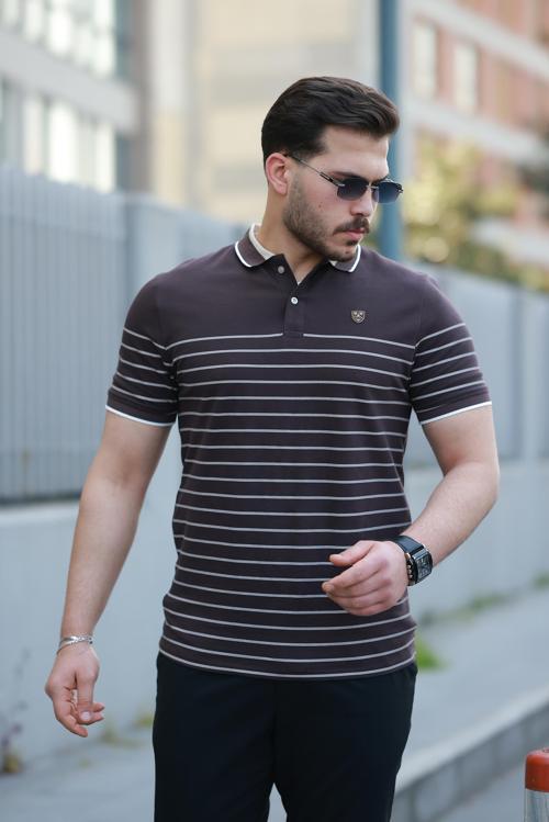 Kahverengi Çizgili Polo Yaka Kısa Kollu Tişört-2515