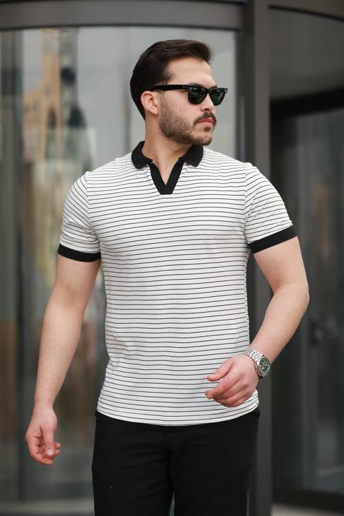 Beyaz Çizgili Polo Yaka Kısa Kollu Tişört -2508