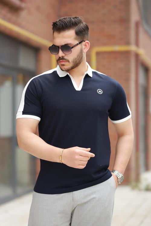 Lacivert Nakışlı V Polo Yaka Kısa Kollu Tişört-2524