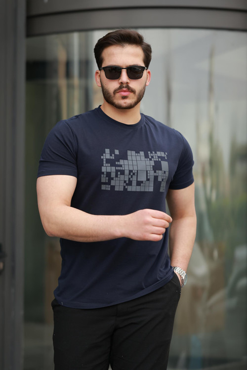 Lacivert Baskılı Sıfır Yaka Regular Fit Kısa Kollu Tişört -2509