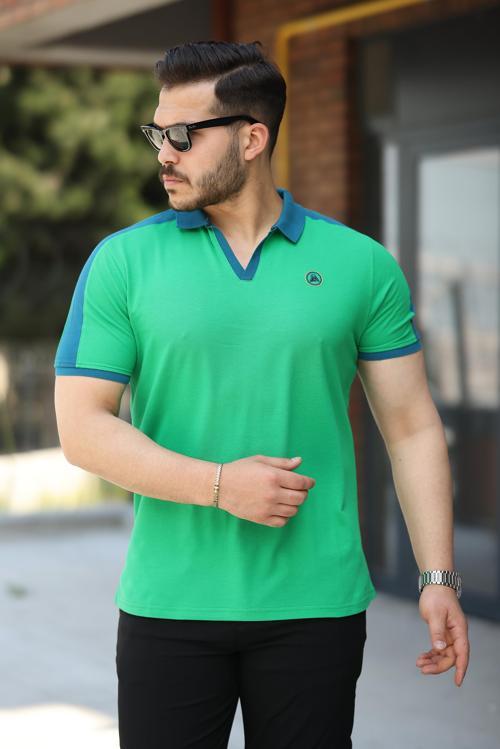 Yeşil Nakışlı V Polo Yaka Kısa Kollu Tişört-2524