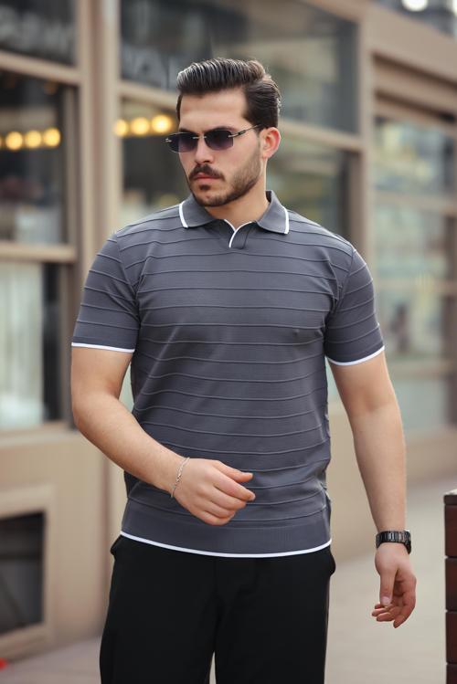 Füme Kabartma Çizgi Polo Yaka Triko Tişört- 2403