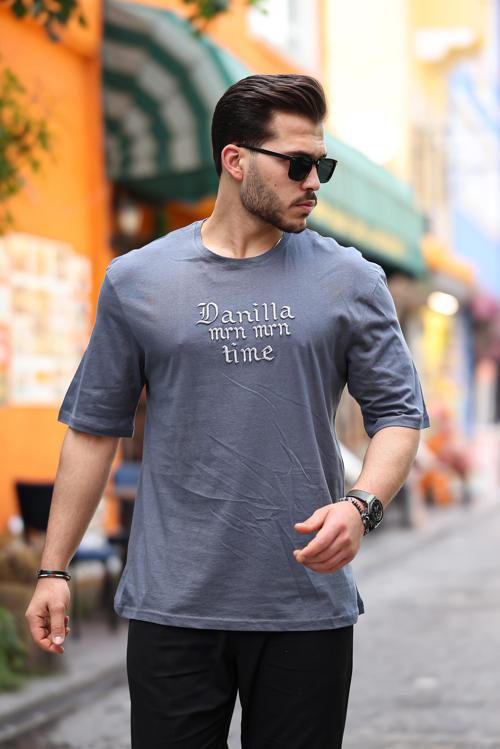 Füme Ön Arka Nakışlı Oversize Kısa Kollu Tişört- 2422