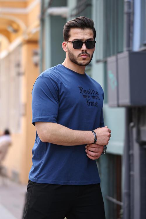Lacivert Ön Arka Nakışlı Oversize Kısa Kollu Tişört- 2422