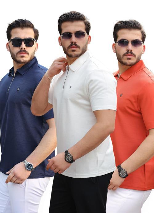 Lacivert Beyaz Kiremit Basic Fermuar Detaylı Üçlü Paket Polo Yaka Kısa Kollu Tişört 2516