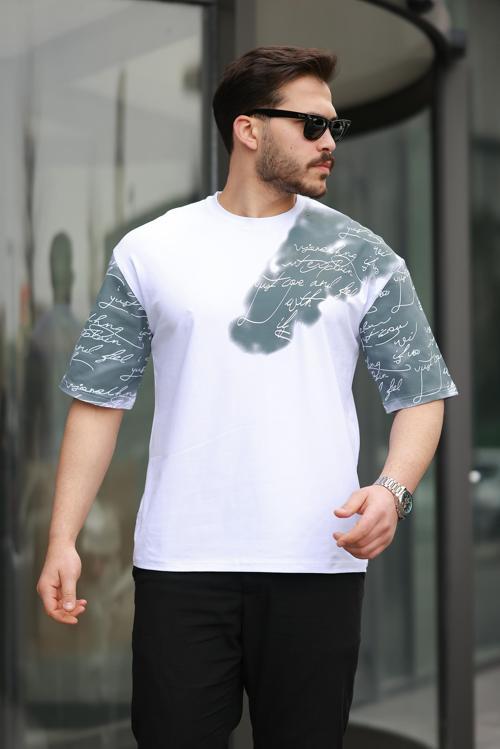 Beyaz Kol Baskı Detaylı Sıfır Yaka Oversize Kısa Kollu Tişört -2506