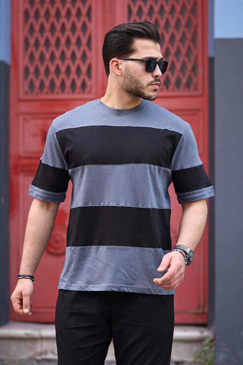İki Renk Kısa Kollu Tişört Oversize-Siyah-Füme- 2421
