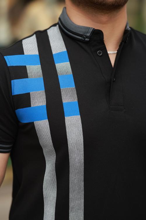 Siyah Baskı Detaylı Polo Yaka Kısa Kollu Tişört -2519