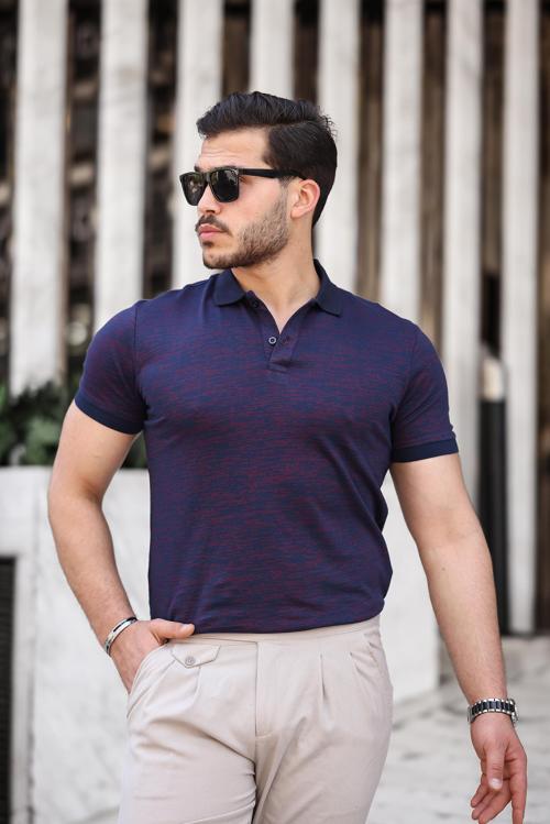 Lacivert Bordo Çizgili Jakar Polo Yaka Kısa Kollu Tişört- 2429