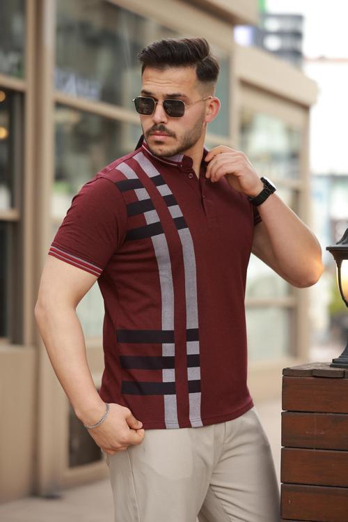 Bordo Baskı Detaylı Polo Yaka Kısa Kollu Tişört -2519