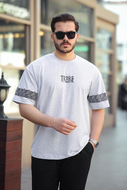Gri Tribe Baskı Detaylı Sıfır Yaka Kısa Kollu Oversize Tişört- 2503