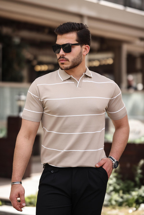 Bej Çizgili Triko Polo Yaka Tişört- 2427