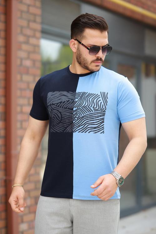 Lacivert Buz Mavisi Çizgi Baskılı Regular Fit Sıfır Yaka Kısa Kollu Tişört-2522
