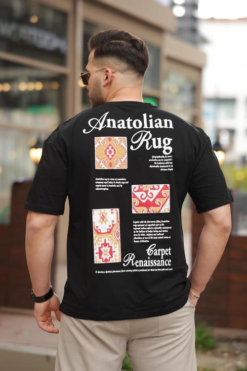 Siyah Anatolian Rug Sırtı Baskı Detaylı Oversize Kısa Kollu Tişört- 2520