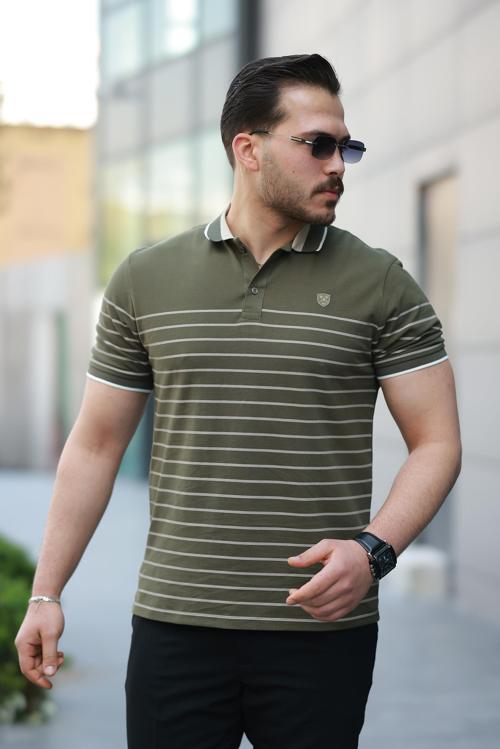 Haki Çizgili Polo Yaka Kısa Kollu Tişört-2515