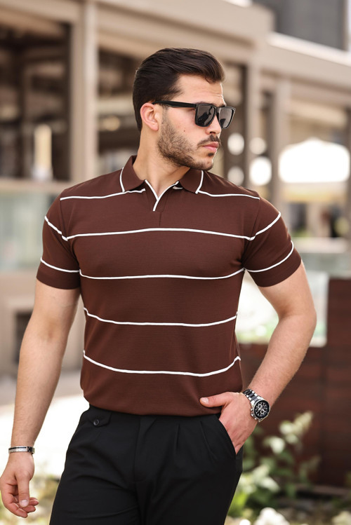 Kahverengi Çizgili Triko Polo Yaka Tişört- 2427