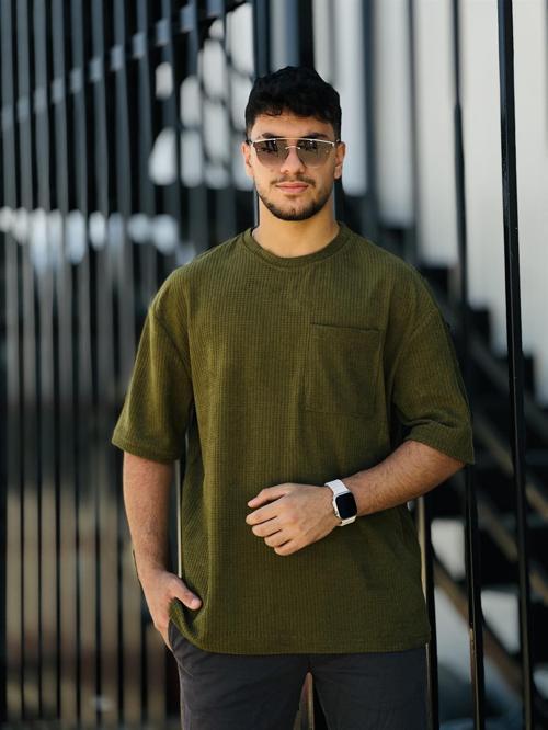 Cep Detaylı Fitilli Kısa Kollu Tişört- Haki