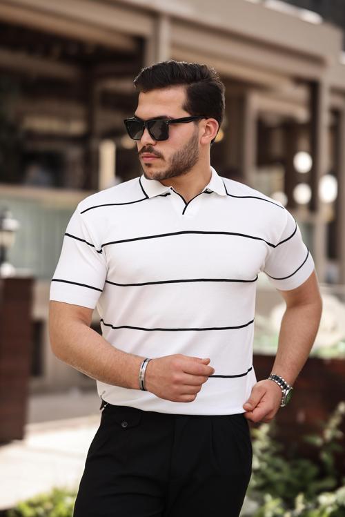 Beyaz Çizgili Triko Polo Yaka Tişört- 2427