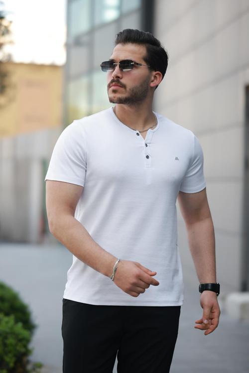 Beyaz Önü Düğmeli Sıfır Yaka Kısa Kollu Regular Fit Tişört- 2510