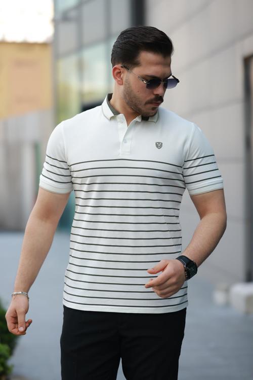Beyaz Çizgili Polo Yaka Kısa Kollu Tişört-2515