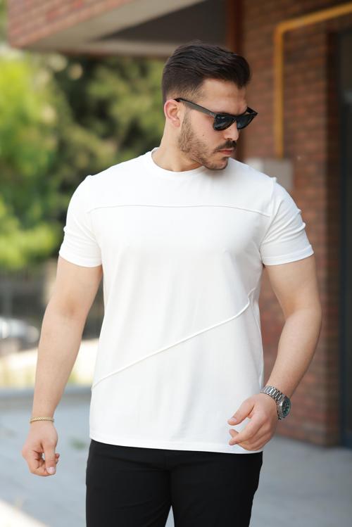 Beyaz Parçalı Dikiş Detaylı Regular Fit Kısa Kollu Tişört -2523