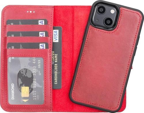 Apple iPhone 13 Mini Uyumlu Deri Cüzdanlı Kılıf V4EF Kırmızı
