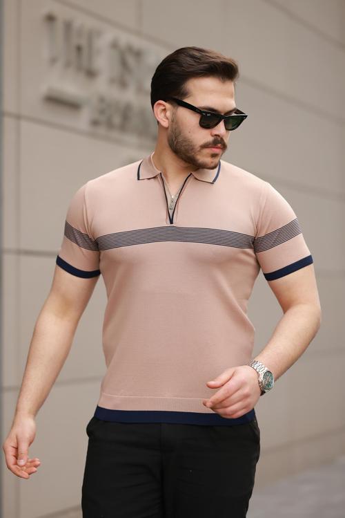Kamel Çizgili ve Fermuar Detalı Polo Yaka Triko Kısa Kollu Tişört 2512