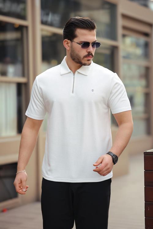 Beyaz Basic Fermuar Detaylı Polo Yaka Kısa Kollu Tişört 2501